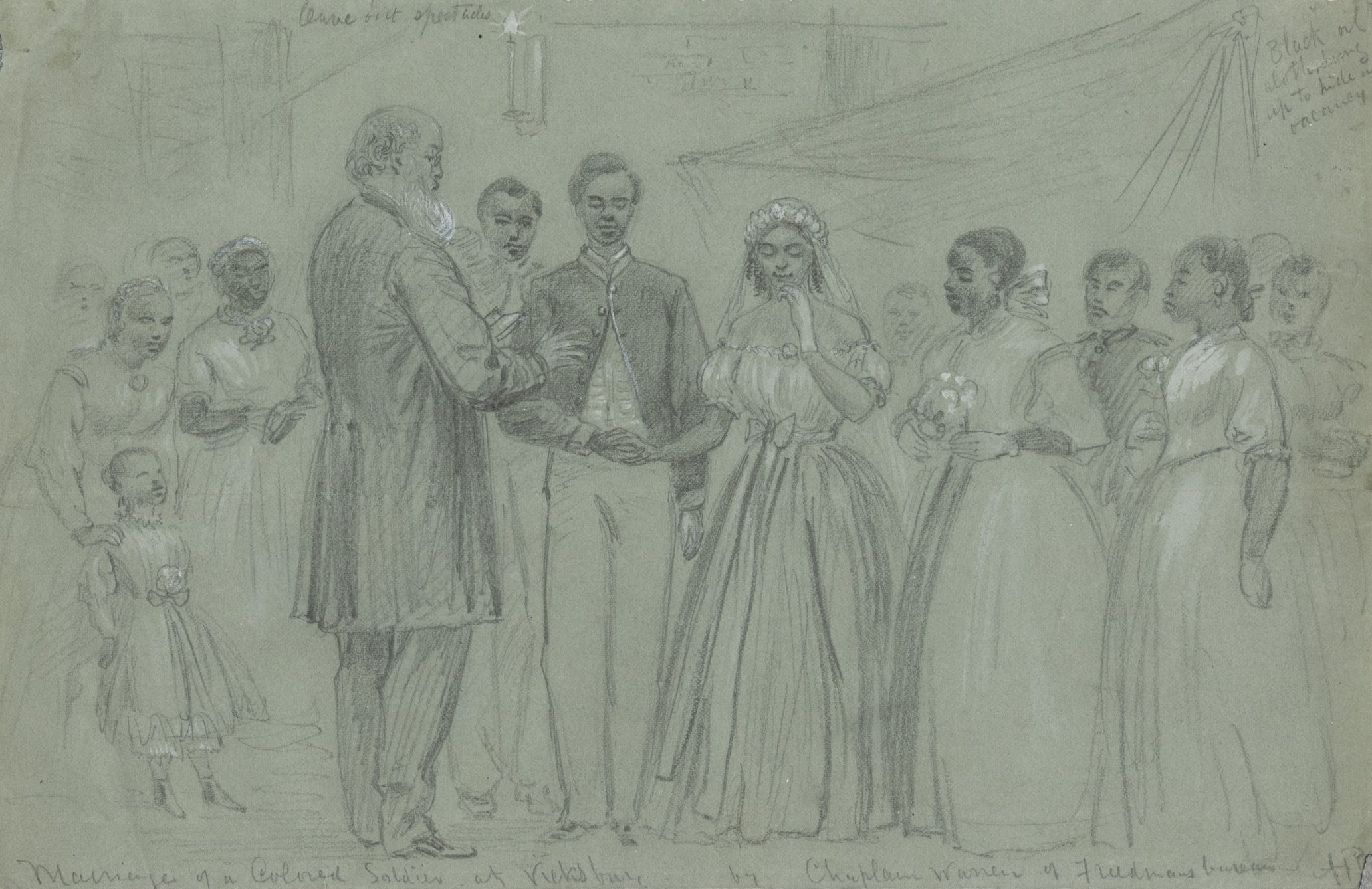 A historical drawing depicts a wedding scene with a couple standing before an officiant. The bride holds a bouquet, and both are surrounded by several onlookers, including women and children, who hold candles. The background features a draped area.