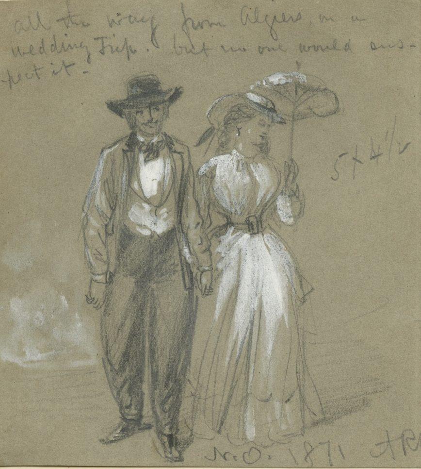 A vintage sketch of a couple walking. The man wears a suit and hat, holding hands with a woman in an elegant dress and bonnet holding a parasol. Handwritten notes are visible above them.