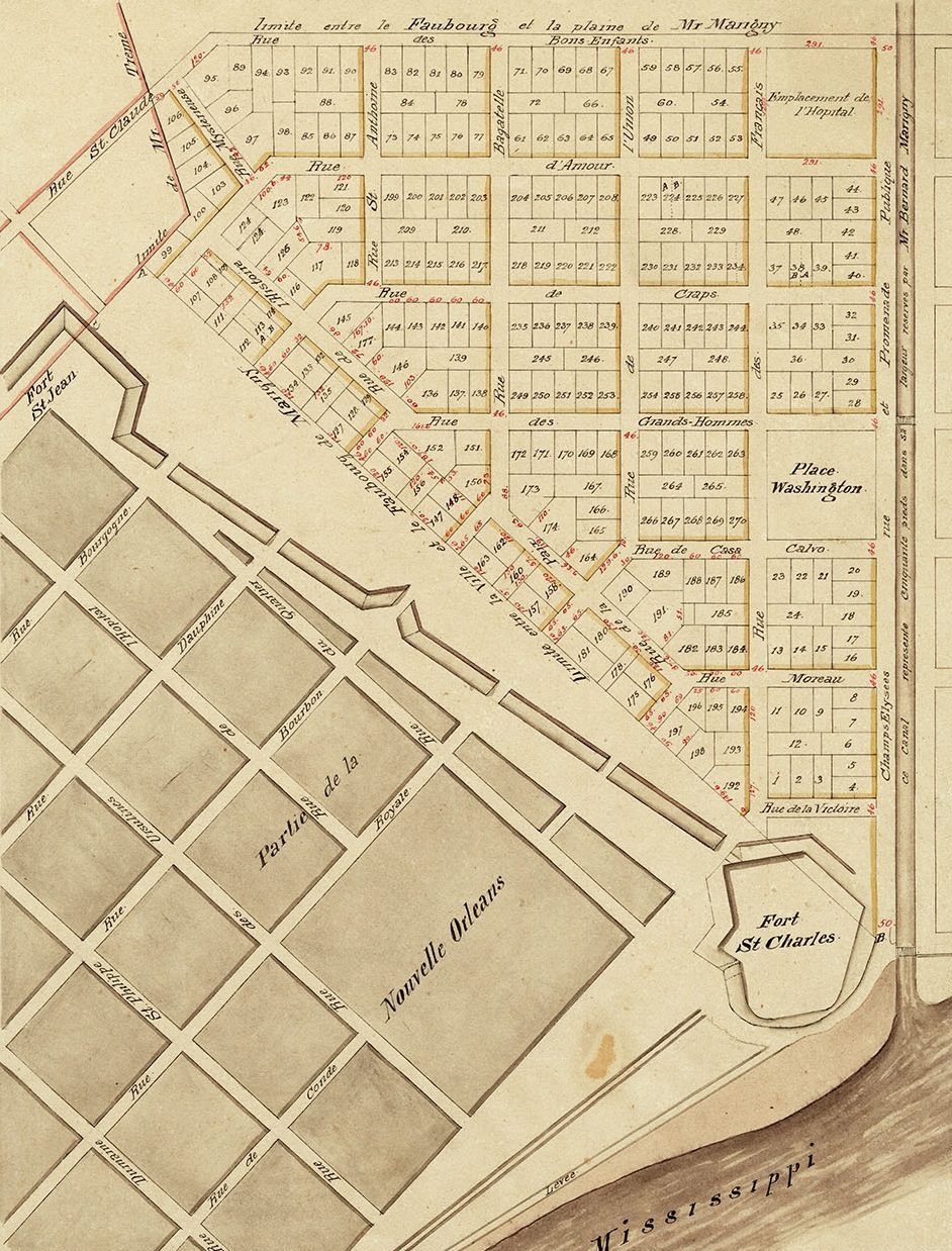 1807 map showing a plan for the Marigny neighborhood in New Orleans.