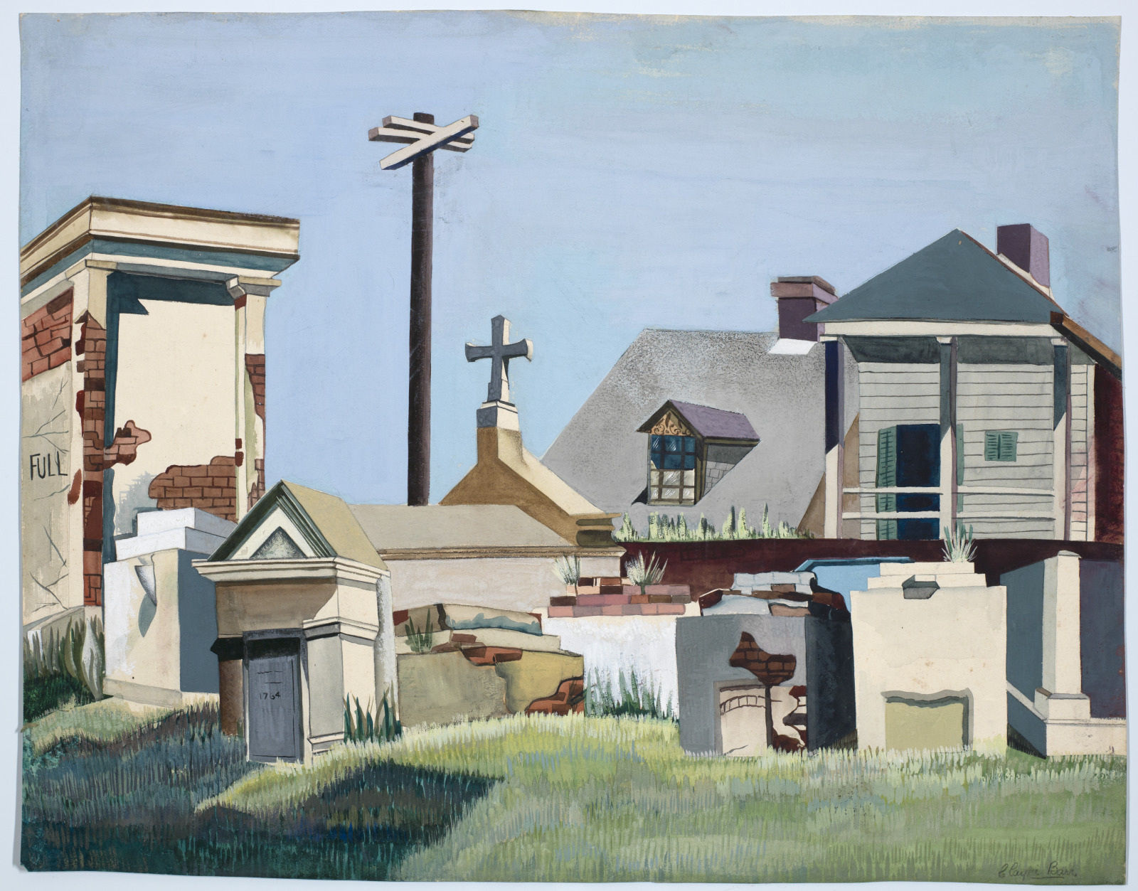 A painting of an old cemetery with mausoleums and tombstones in disrepair, surrounded by grass and a house in the background. A telephone pole and a cross-topped structure are also visible. The sky is clear and blue.