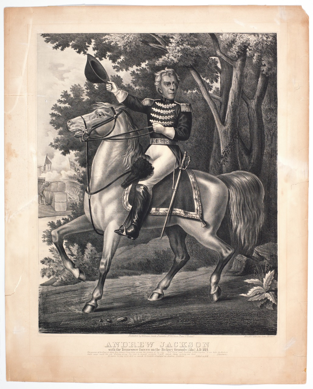 A historical illustration of a military officer on horseback, raising his hat in a wooded landscape. The horse is rearing up slightly, and the officer wears a uniform with epaulets. The background features trees and a stone structure.