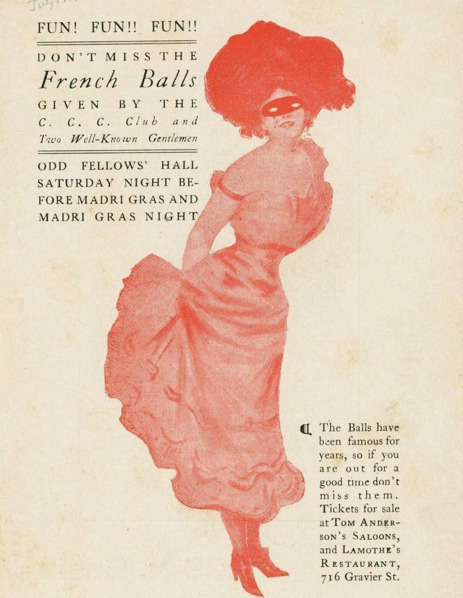 Vintage poster featuring a stylish woman in a red dress and a feathered mask, advertising the French Balls at Odd Fellows Hall. The event promises fun and is held the night before Madri Gras. Tickets available at Tom Andersens Saloon.