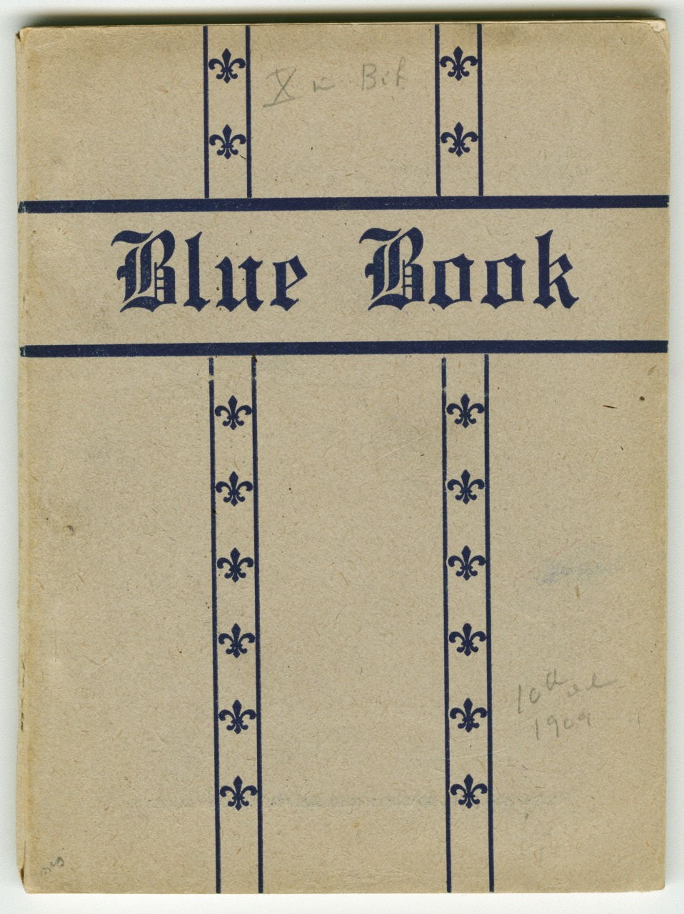 A vintage book cover titled Blue Book in bold blue lettering with vertical and horizontal decorative lines featuring small fleur-de-lis symbols. The background is a light brownish color. Handwritten notes are faintly visible on the cover.
