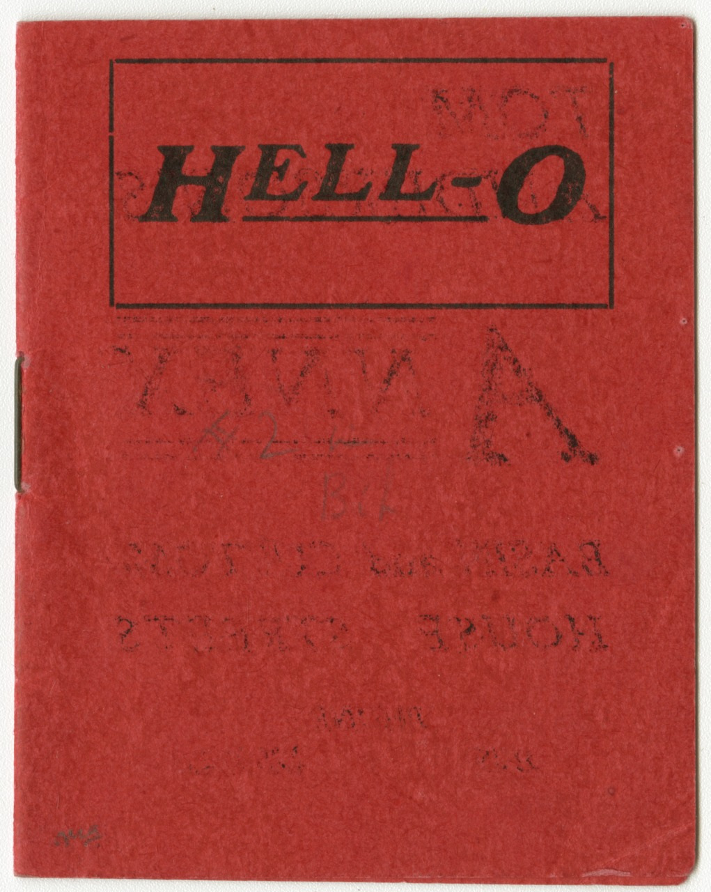 Red booklet with HELLO in bold, black letters at the top. The text appears distorted and partially illegible. The booklet is stapled on the left edge.