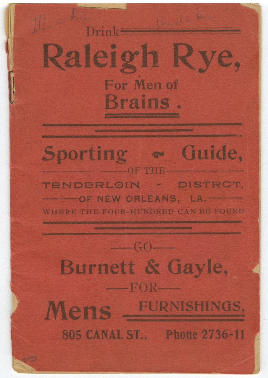 Vintage advertisement with red background, promoting Raleigh Rye for Men of Brains and featuring a Sporting Guide for New Orleans Tenderloin District. Includes contact details for Burnett & Gayle mens furnishings.