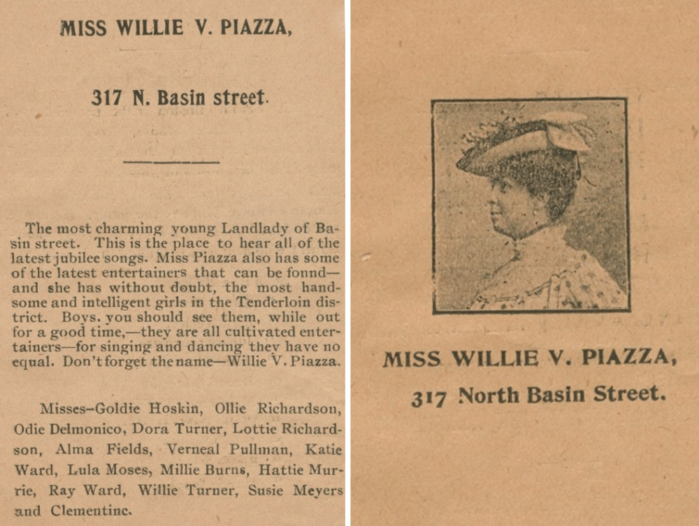 Vintage advertisement for Miss Willie V. Piazza, 317 N. Basin Street, featuring a portrait of a woman in a decorative hat. The text describes her as a popular landlady with charming guests, followed by a list of entertainers.
