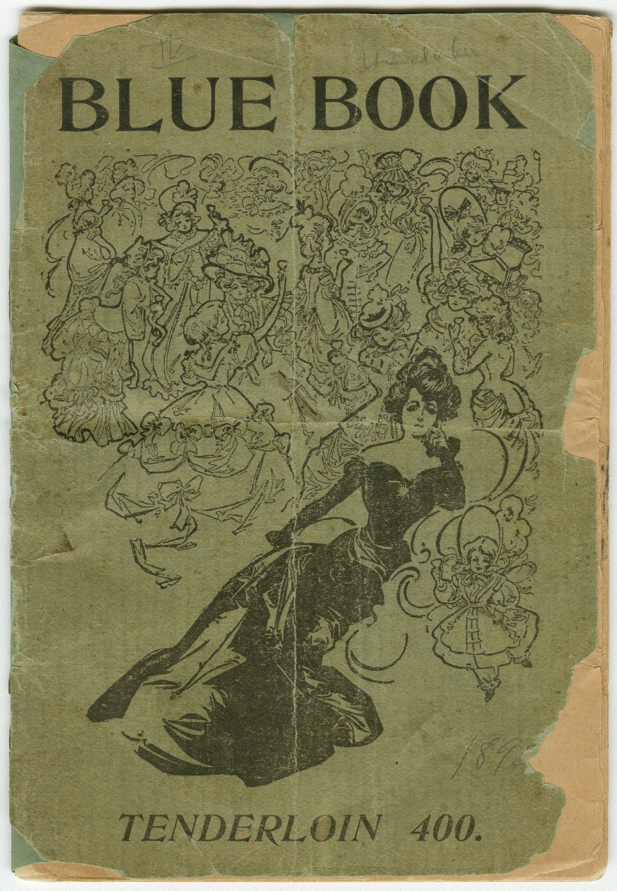 Vintage cover of Blue Book with an illustration of an elegant woman in a long dress surrounded by detailed sketches of people in period clothing. The text TENDERLOIN 400 is printed at the bottom. The cover is worn and faded.