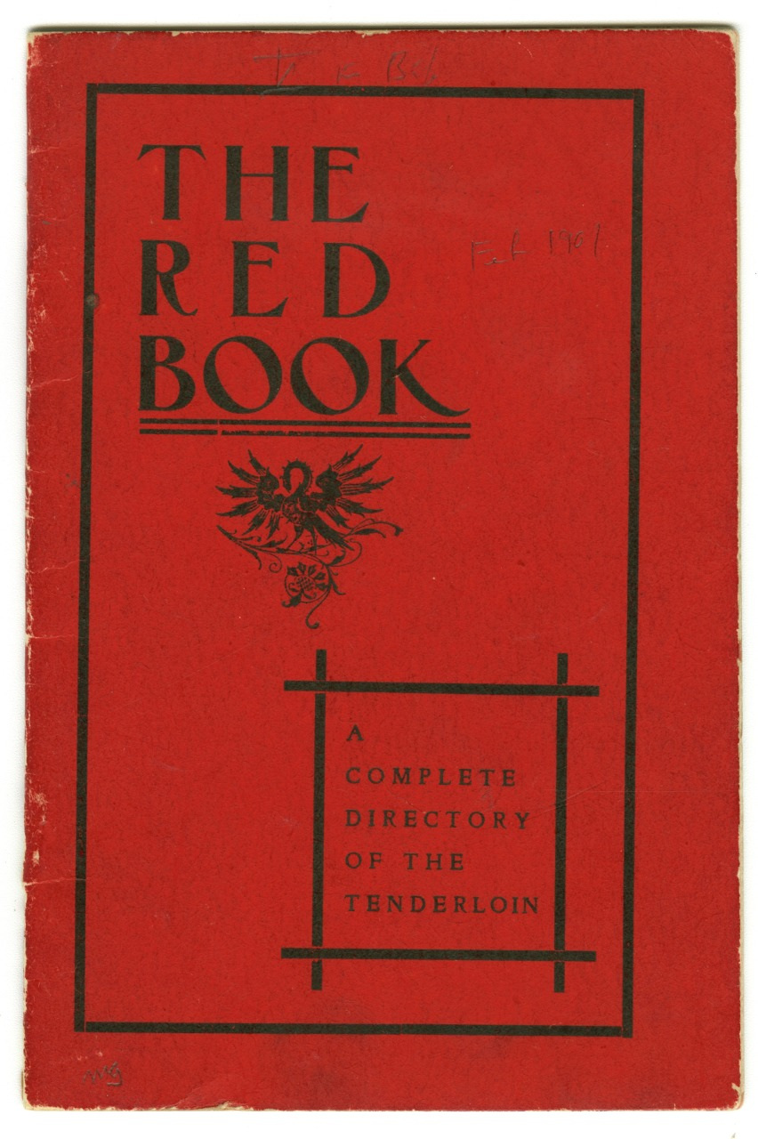 A red book cover titled The Red Book featuring a decorative bird graphic and the subtitle A Complete Directory of the Tenderloin. Handwritten notes are visible at the top of the cover.