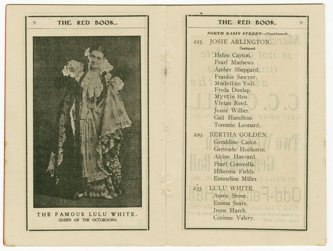 A vintage booklet page titled The Red Book featuring a black-and-white photo of Lulu White, labeled as Queen of the Octoroons, on the left. The right page lists names and addresses under Josie Arlington and Bertha Golden.