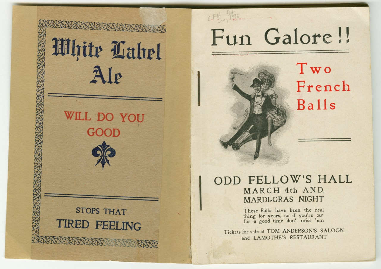 An old advertisement with two pages. The left page promotes White Label Ale as a remedy for fatigue. The right page advertises an event titled Fun Galore!! Two French Balls at Odd Fellows Hall on March 4th and Mardi Gras night.