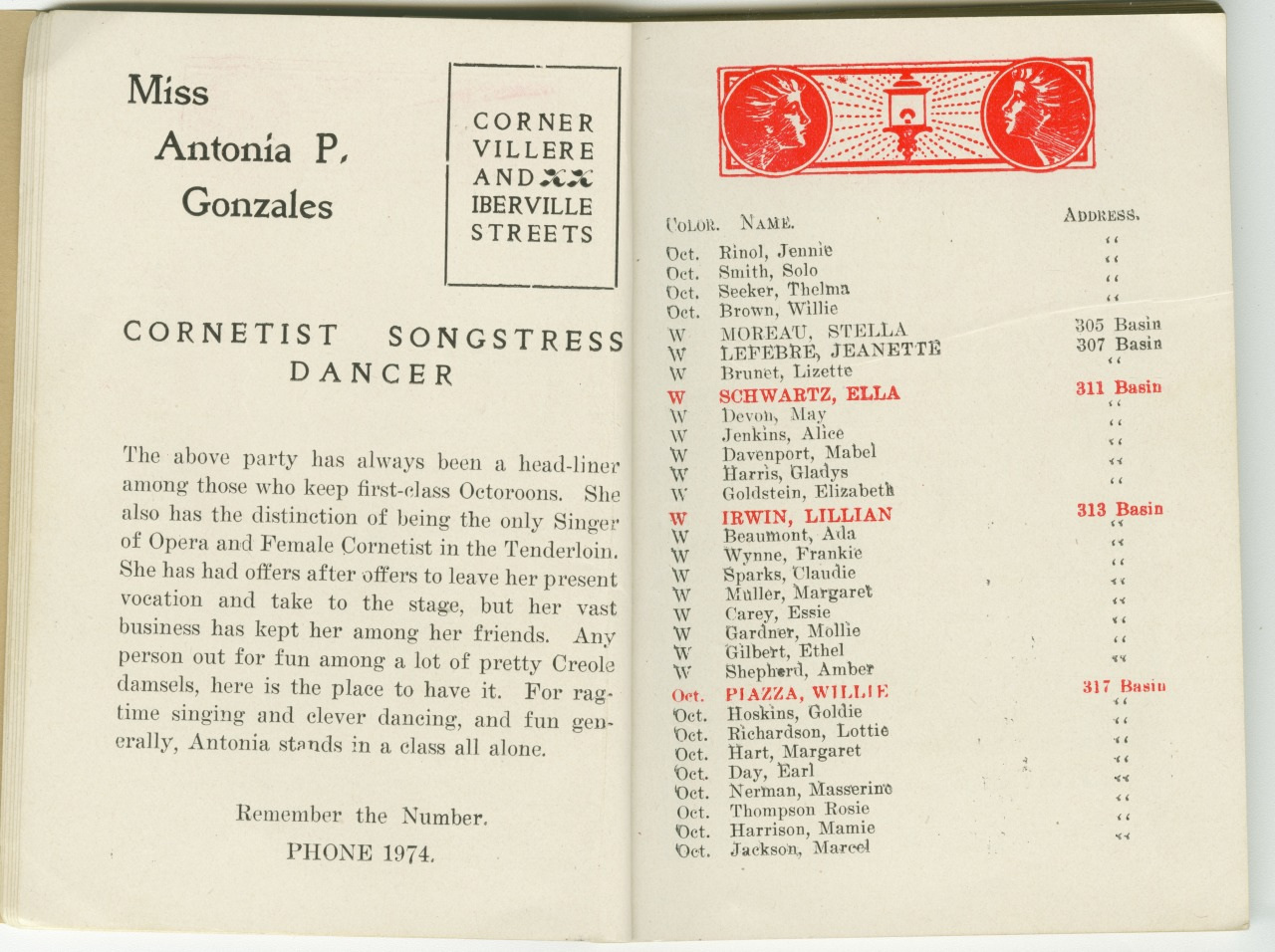 An old directory page titled Cornetist Songstress Dancer listing names and addresses, with a decorative red emblem featuring musical symbols at the top right. Names like Schwarz, Ella and Irwin, Billie are included with Basin addresses.