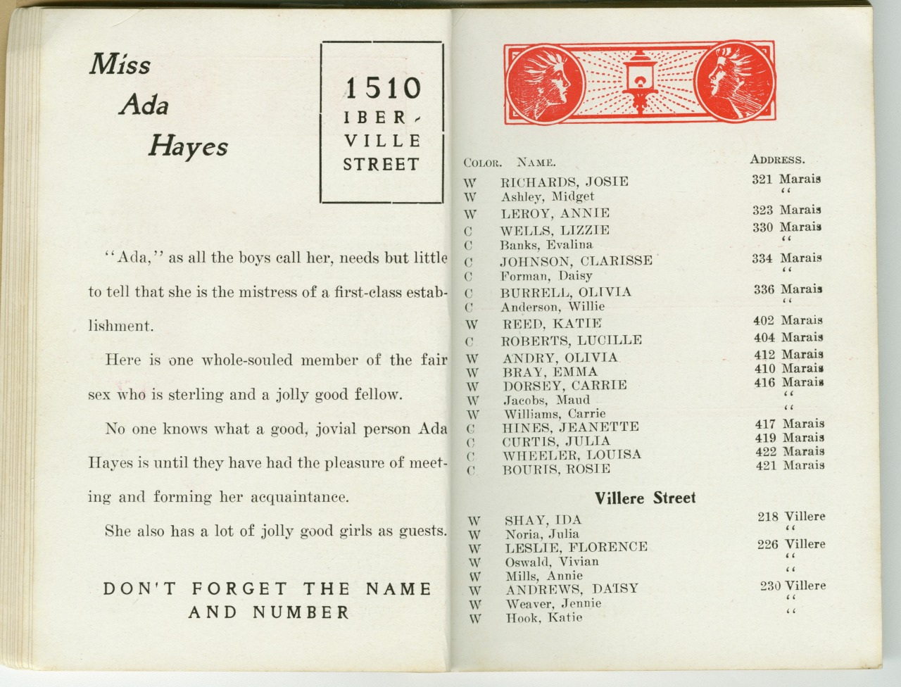 An open book showing a list of individuals with their addresses on the right page. The left page features a name, Miss Ada Hayes, and a description about her. Red decorative emblems are at the top of each page.
