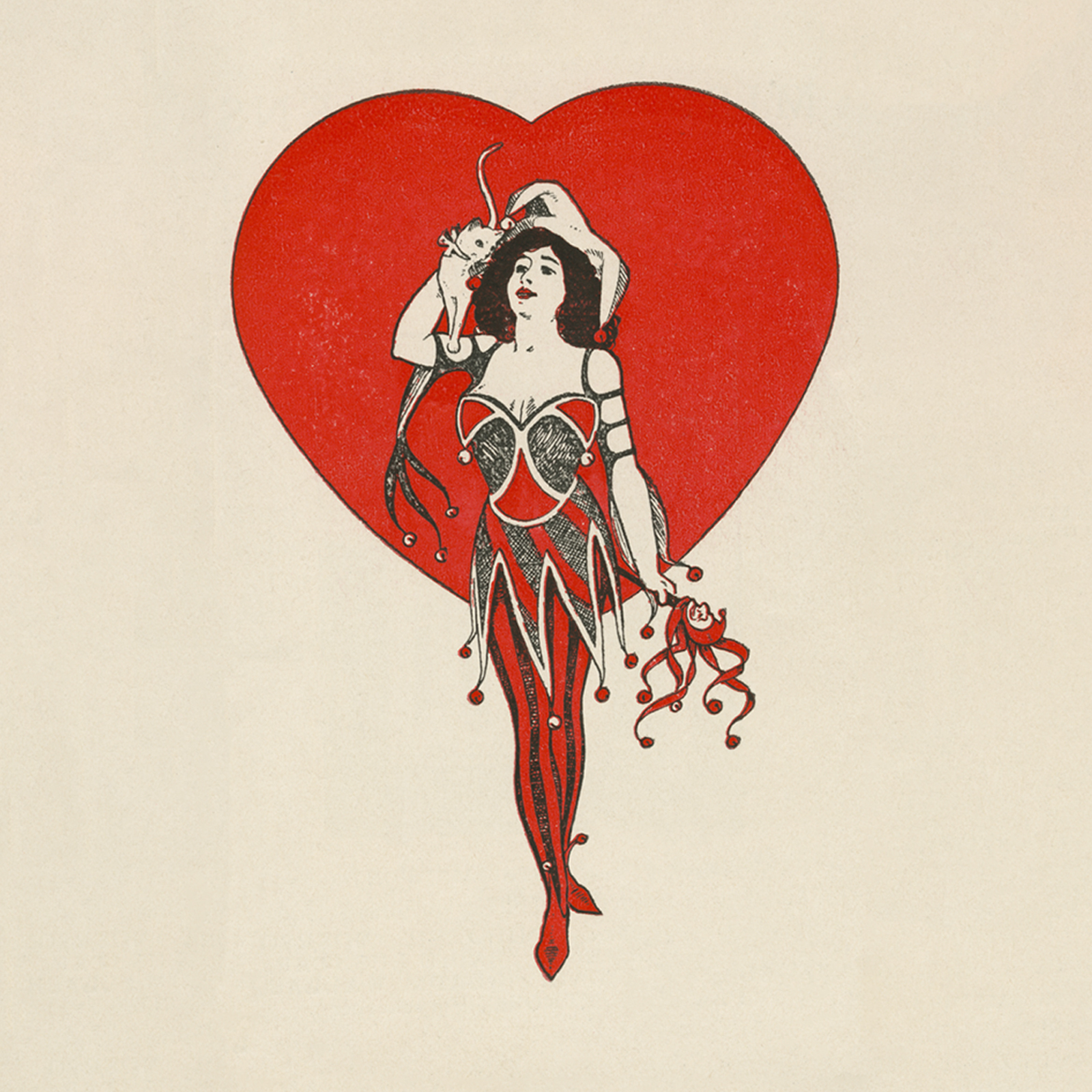 Illustration of a woman in a red and black costume with a heart motif. She stands in front of a large red heart background, holding a ribboned staff and wearing a pointed hat. The style is vintage and theatrical.