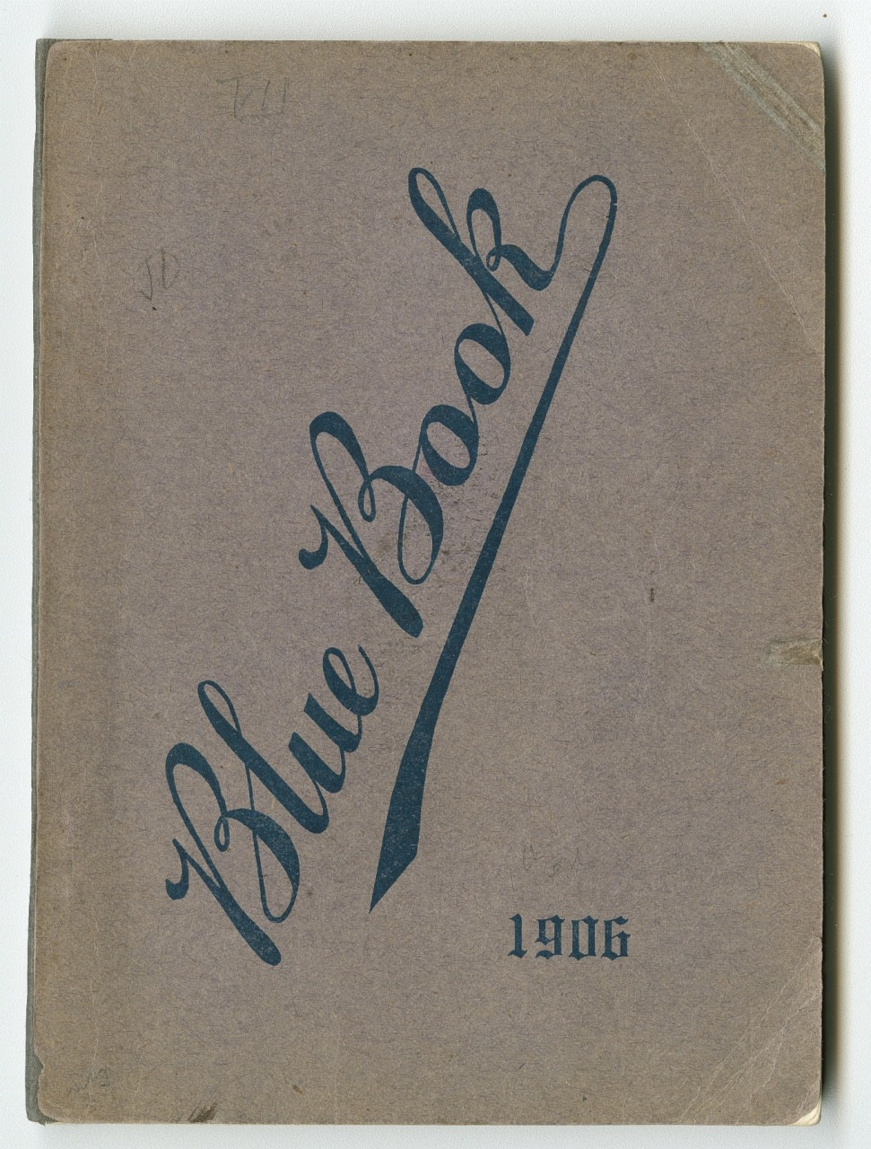 Cover of a book titled Blue Book 1906 in elegant script. The background is a simple, flat color, appearing vintage and slightly worn.