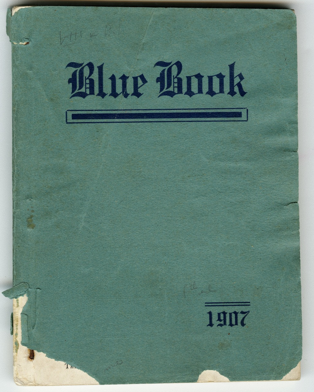 A worn, blue book cover titled Blue Book with visible signs of age and damage on the edges. The year 1907 is printed at the bottom. The cover has a plain design with no additional images.