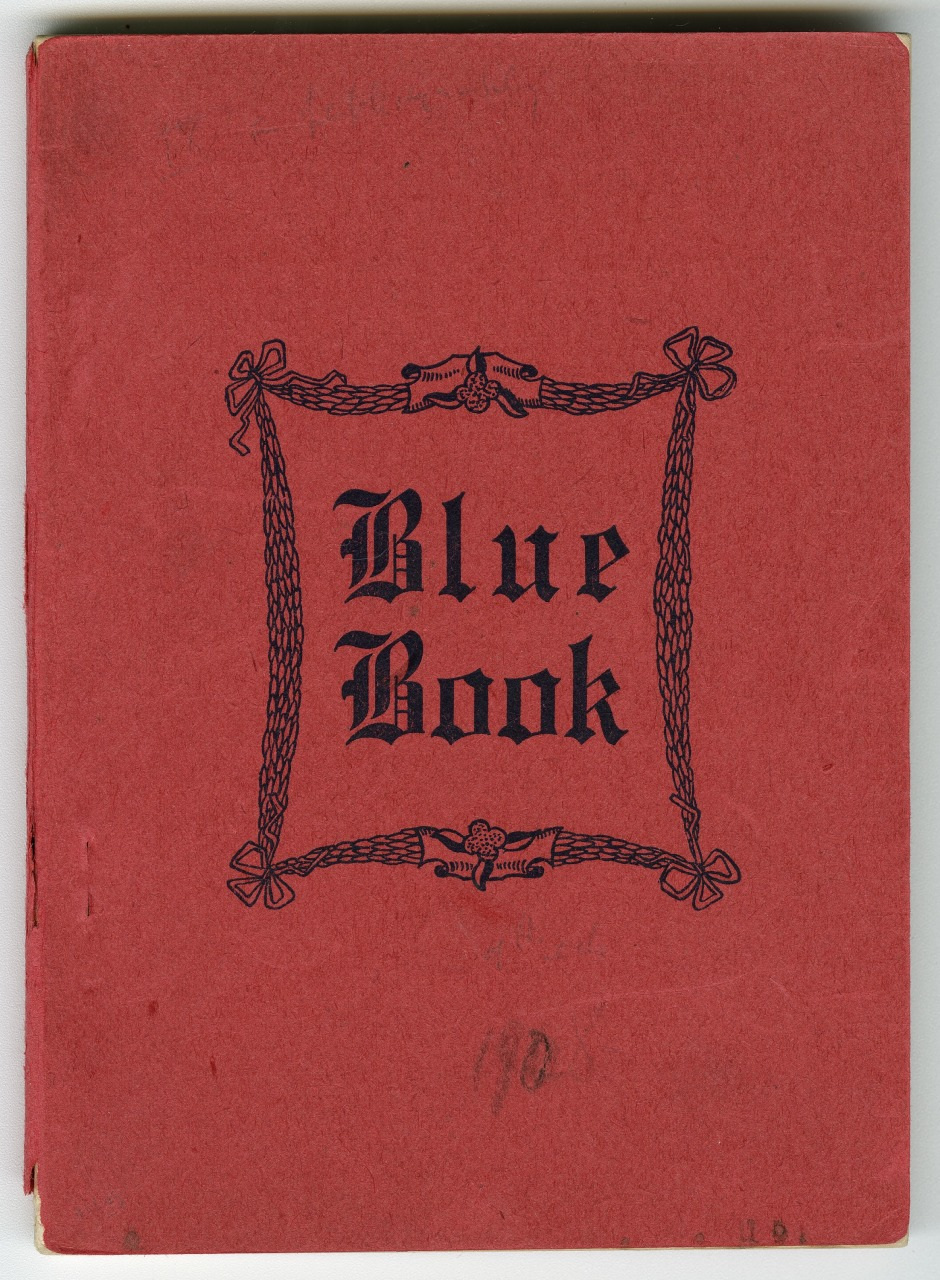 A red booklet with the words Blue Book on the cover, surrounded by ornate black decorative borders. The booklet appears worn and has a handwritten number 19 at the bottom.