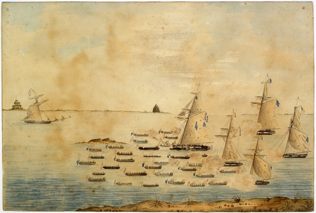 Historical watercolor depicting a naval battle scene with multiple sailing ships and rowboats. The ships are firing cannons, and several flags are visible. The sea is calm, with land and vegetation in the foreground.