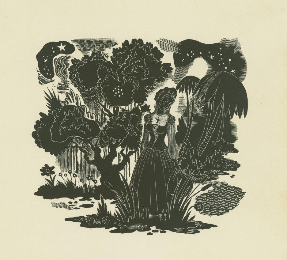A woodcut-style illustration of a woman in a dress standing in a lush, detailed forest. Surrounded by trees, plants, and flowers, with a sky full of stars and a crescent moon. The scene exudes a mystical and dreamlike atmosphere.