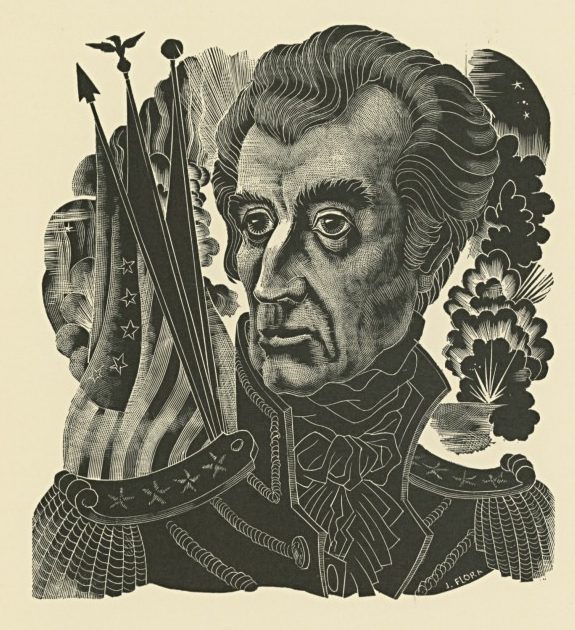 Engraving of a historical figure in military attire with detailed facial features. He stands surrounded by symbolic imagery, including flags and explosive motifs in the background, evoking a sense of leadership and patriotism.