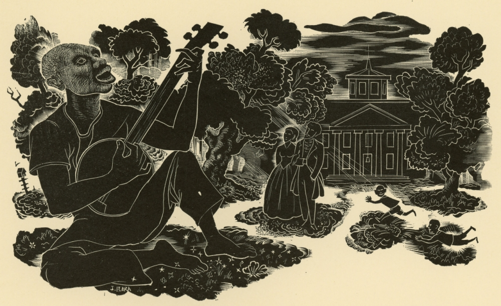 A black-and-white illustration of a man playing a stringed instrument while sitting outdoors. In the background, three children play and two adults stand near a building amidst trees and clouds. The scene appears pastoral and serene.