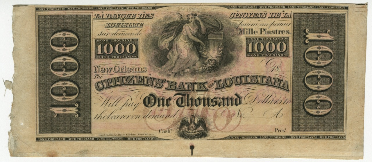 A vintage 1000 dollar banknote from The Citizens Bank of Louisiana featuring intricate artwork, a prominent 1000 on each corner, and text in both French and English, printed in New Orleans.