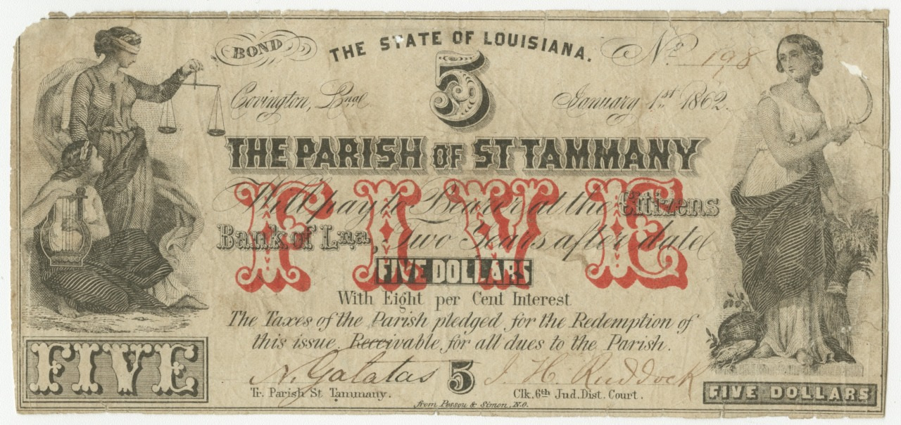 Vintage five dollar note from The Parish of St. Tammany, Louisiana, dated January 1, 1862. Features ornate designs, a seated woman with scales, and bold red text highlighting the denomination.