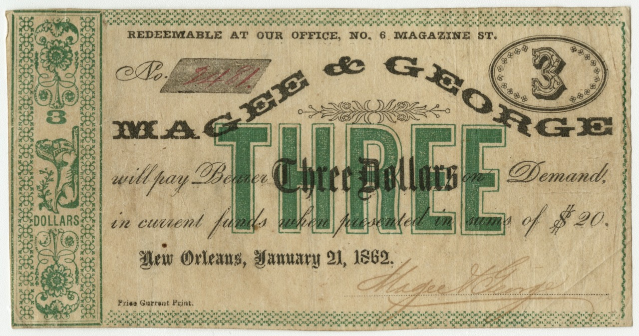 A vintage three-dollar banknote from Magee & George, dated January 21, 1862, New Orleans. Features ornate designs and the number 3 prominently. The note states it is redeemable at an office on Magazine Street.