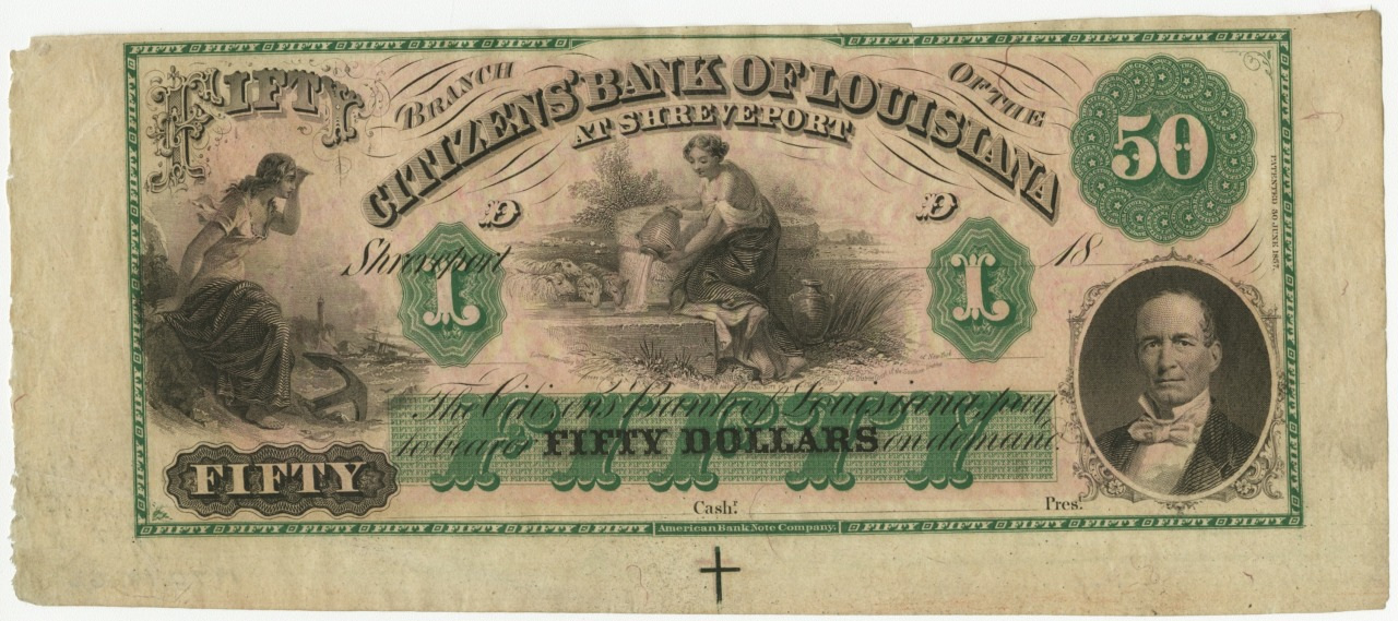 An old Citizens Bank of Louisiana fifty-dollar bill. It features intricate designs, including a detailed portrait of a man on the right, and an image of a woman and child near the center. The bill is primarily green and beige.