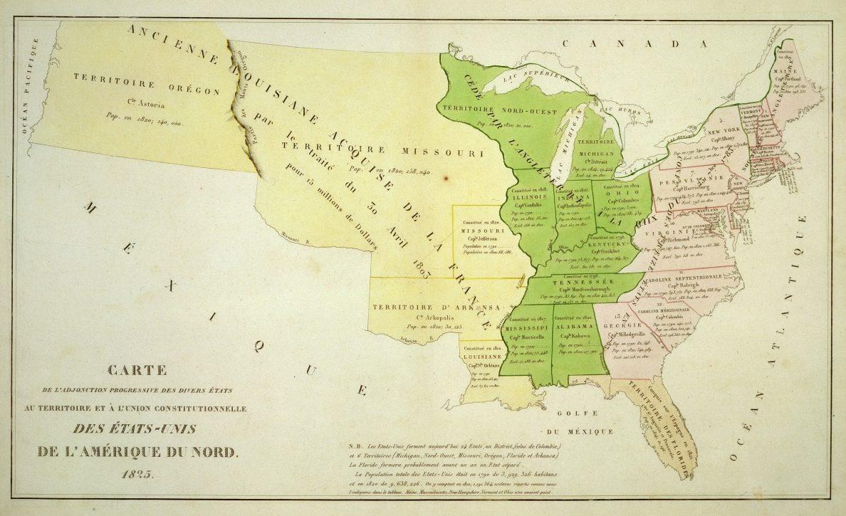 An 1835 map of the United States by Adrien Hubert Brue, showing territories and states in different colors. Includes regions like Ancienne Louisiane, Missouri, and Oregon, with French labels and extensive notes at the bottom.