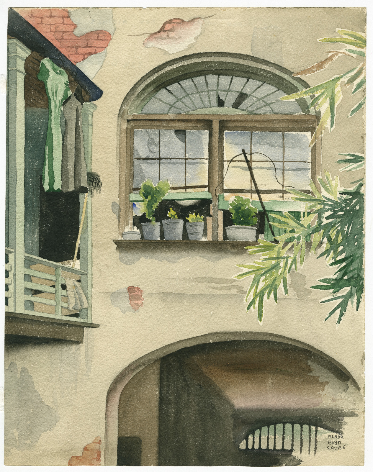 Artistic representation of the second-floor window and courtyard at a residence in the French Quarter. The window has a fan window with a few broken panes, and there are several potted plants on the windowsill. A balcony is visible on the left, and an archway is visible on the bottom.