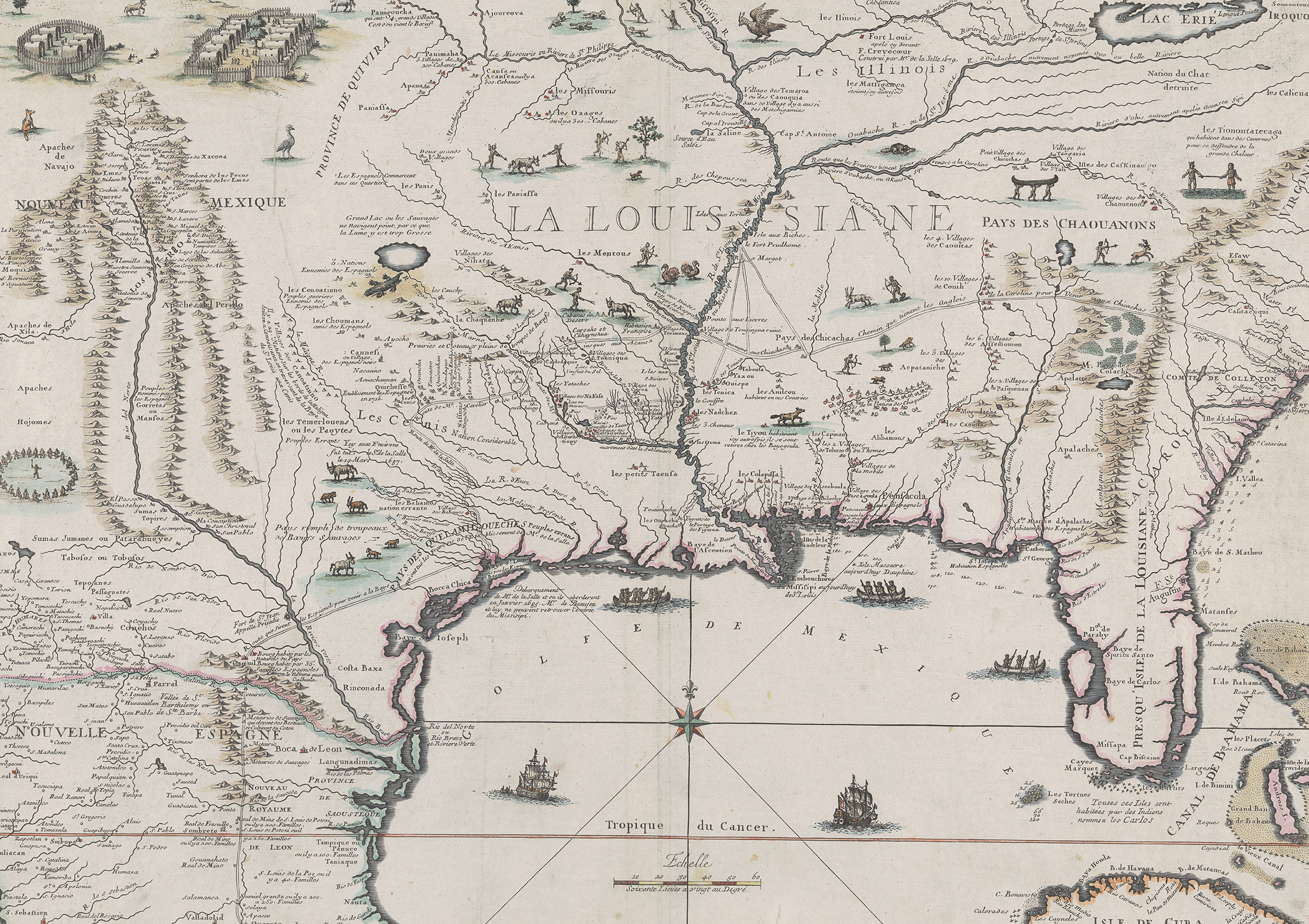 Vintage map of the Gulf of Mexico and surrounding regions, labeled La Louisiane. Includes illustrations of ships, mountains, and waterways, with French text detailing geographical features and settlements.