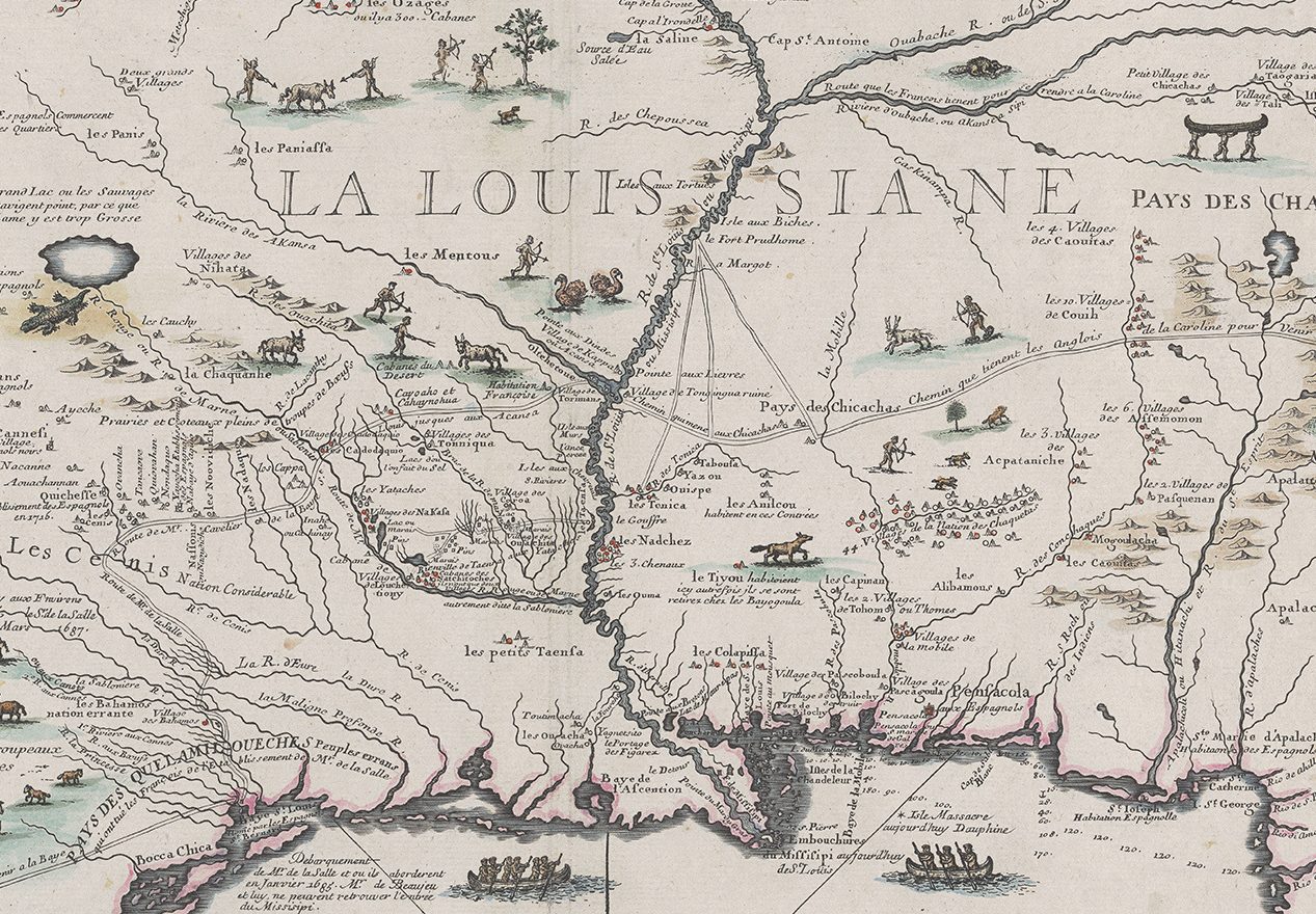 Detailed look at a map of the Mississippi River basin, titled “Le cours du Mississipi ou de St. Louis fameuse rivière de l’Amérique Septentrionale,” 1718.