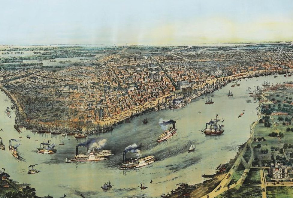 A historical aerial illustration of New Orleans, showing the Mississippi River with steamboats and sailing ships. The citys dense urban area is depicted with detailed buildings and streets, surrounded by water and greenery in the background.