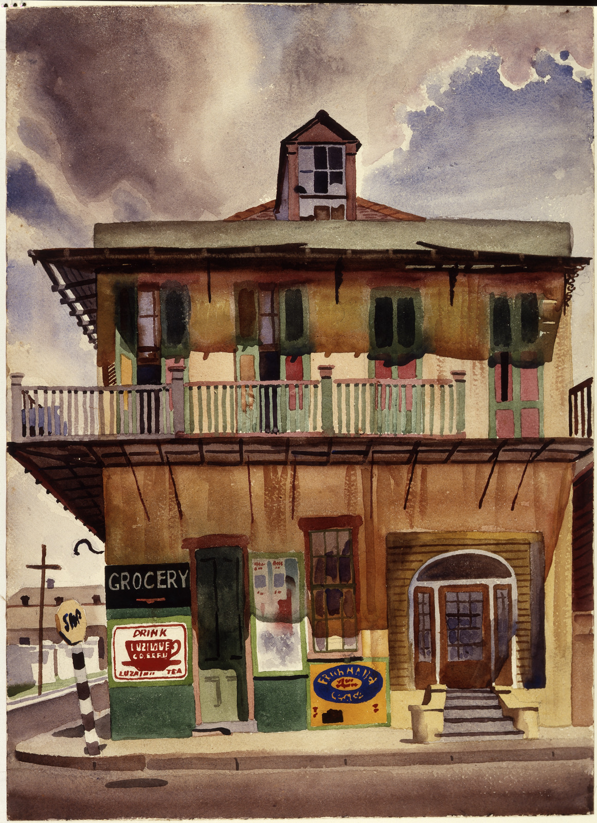 View of a corner building in New Orleans's Tremé neighborhood with a grocery sign. Parts of the rain gutter and gallery railing are missing and two ads for Luziane Tea and French Market Coffee are visible on the front of the building.