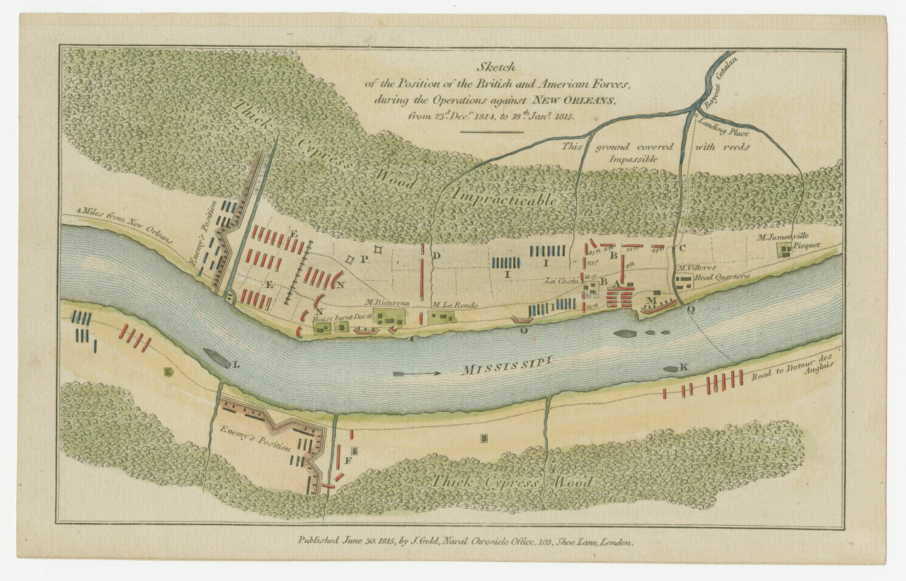 Antique map illustrating the positions of British and American forces near New Orleans during operations from December 1814 to January 1815, with labeled locations like river, roads, and forts.