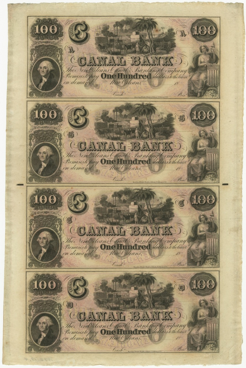 A sheet displaying four uncut $100 Canal Bank notes. Each note features a detailed engraving, the denomination 100 in the corners, and a central art scene, with intricate design elements throughout.