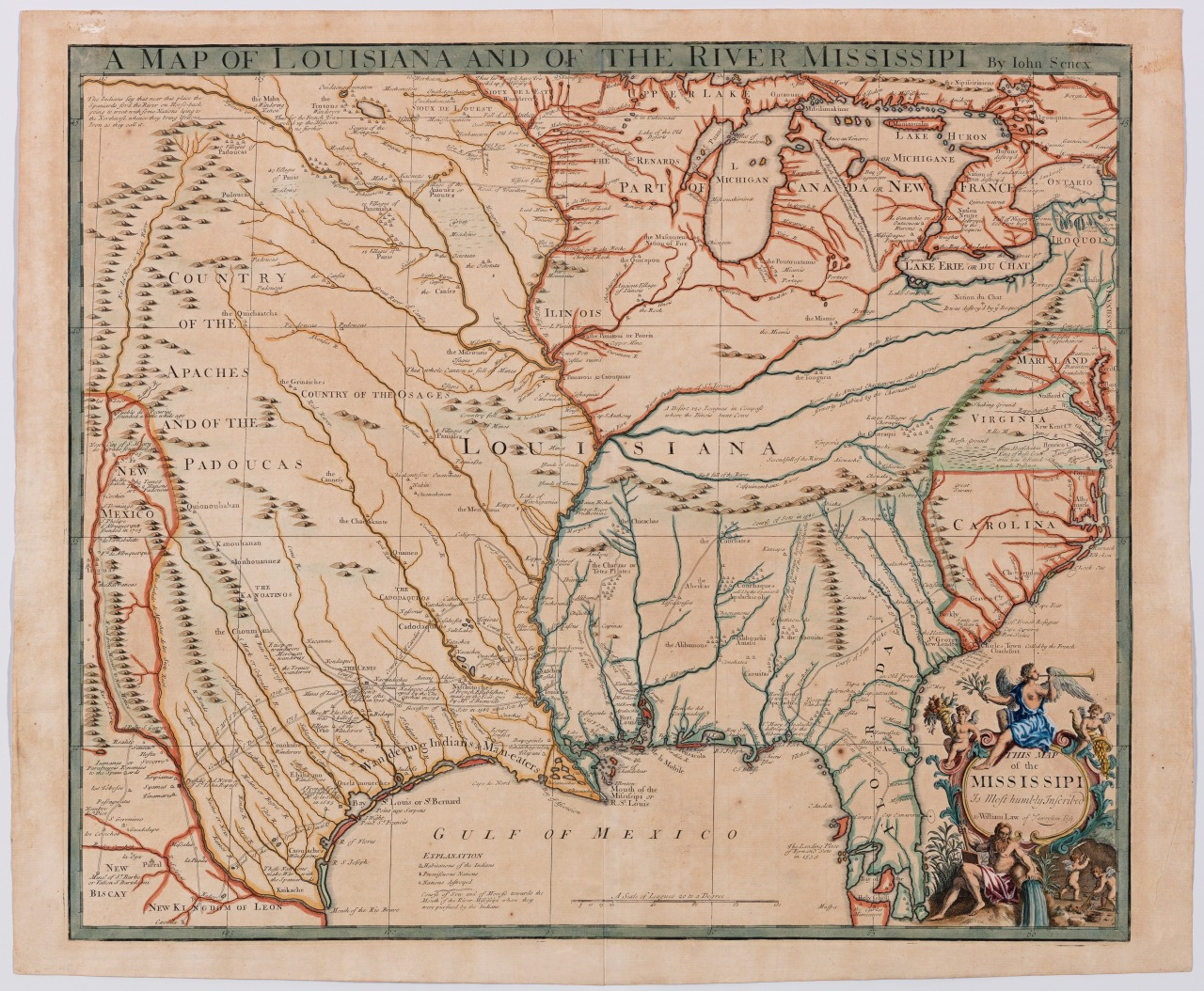 An antique map titled A Map of Louisiana and of the River Mississippi depicting the regions rivers, territories, and early settlements. Illustrations and ornate decorations are visible in the bottom right corner.