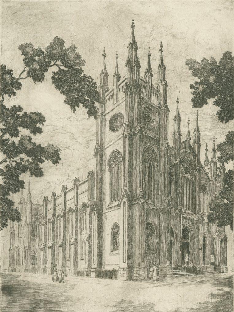A detailed sketch of a Gothic-style cathedral with tall spires, arched windows, and ornate details. Trees frame the scene, and people are visible near the entrance, suggesting scale and activity.