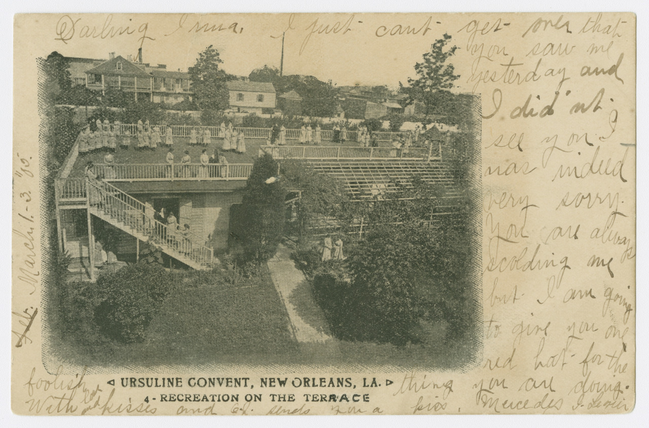 A vintage postcard showing the Ursuline Convent in New Orleans, LA, with many people gathered on the terrace. Handwritten text surrounds the image, featuring personal notes dated March 13, 1905.