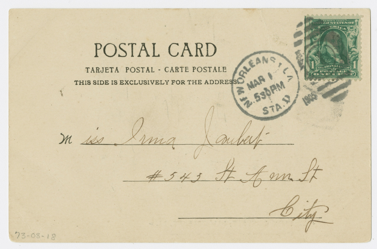 Vintage postal card with a green one-cent stamp, postmarked in New Orleans on Mar 30, 1905. Addressed to Miss Irma Lambert at 543 H. Ann St., City. Postcard features printed bilingual text POSTAL CARD / TARJETA POSTAL - CARTE POSTALE.