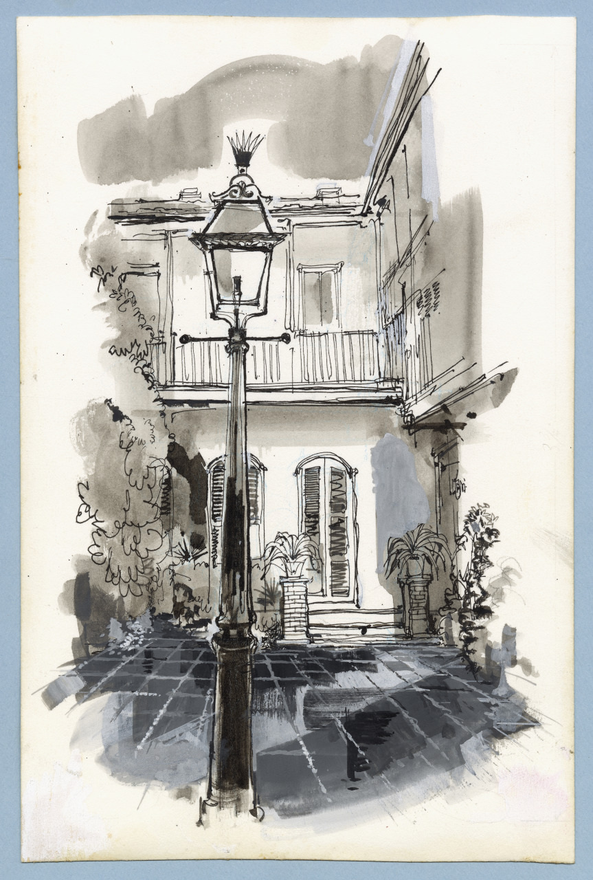 A monochrome illustration depicts a vintage street lamp in a courtyard with potted plants and a two-story building. The building features balconies and arched doors. Trees partially frame the scene, adding depth and character.