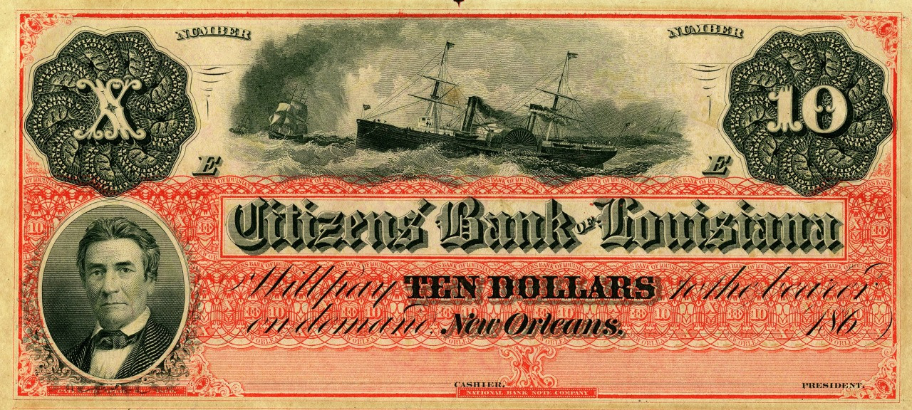 A historical banknote from Citizens Bank of Louisiana, valued at ten dollars. It features a steamboat in the background, ornate designs, and a portrait of an unknown man in the lower left corner. The note is predominantly red and black.