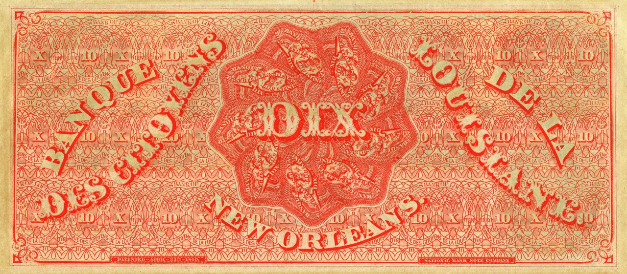 The image shows a vintage orange banknote from Banque de la Louisiane with ornate patterns and the text DIX centered. Surrounded by intricate designs, the note indicates a denomination of ten (10) and features New Orleans prominently.
