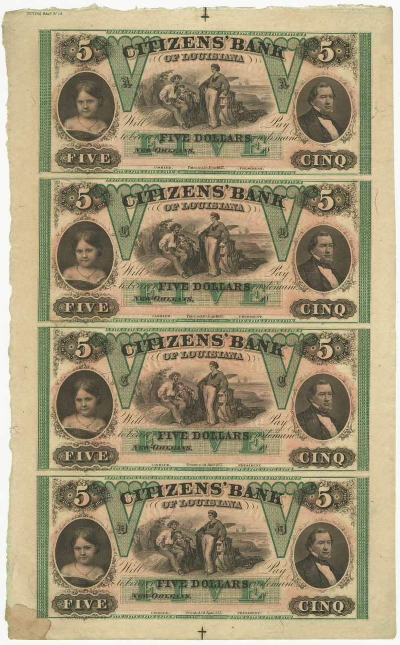 Four vintage five-dollar banknotes from the Citizens Bank of Louisiana are arranged vertically. Each note features portraits of a man and a woman, along with ornate designs and the denomination printed in multiple places.