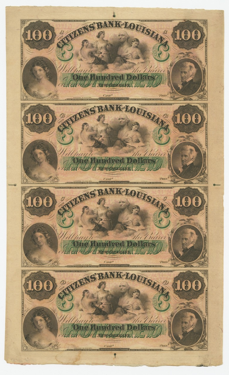 A sheet of four vintage 100-dollar banknotes from the Citizens Bank of Louisiana, featuring ornate designs. Each bill shows portraits of a man on the right and a woman on the left, with a central illustration of cherubs and a green seal.