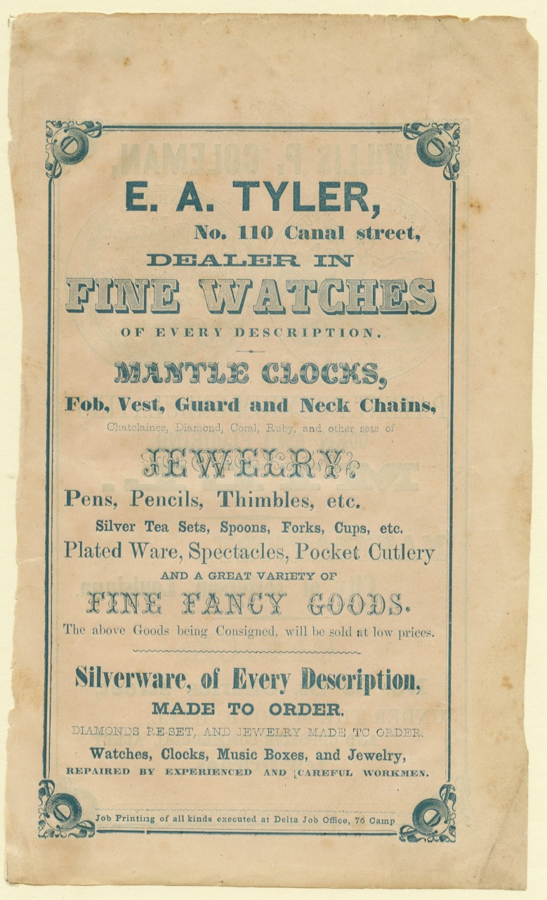 Vintage advertisement for E.A. Tyler, Fine Watches Dealer at 110 Canal Street. It offers fine watches, mantle clocks, silverware, jewelry, and various items like pens, thimbles, and pocket cutlery. Fine Fancy Goods and Dealer in are emphasized.