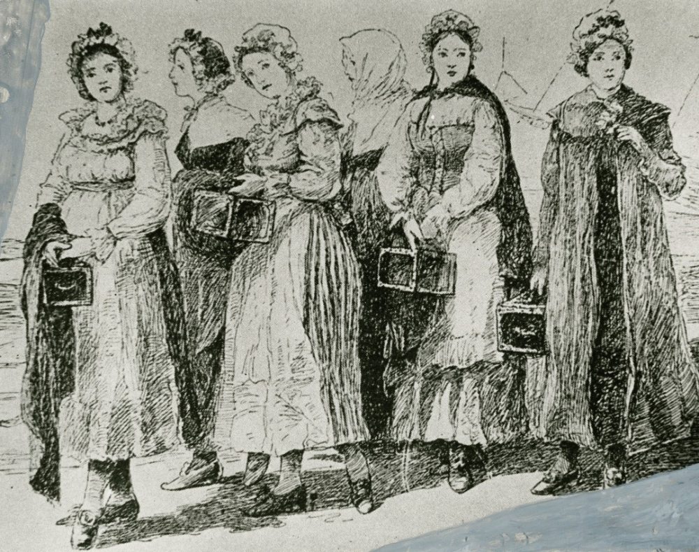 A black and white illustration of six women in historical attire, each holding a small box. They are wearing long dresses with puffy sleeves and bonnet-style hats, standing in a line. The scene appears to be from a past era.