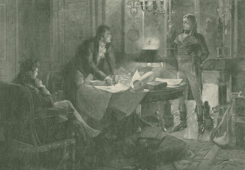A historical scene depicting three men in a dimly lit room filled with maps and documents. One man stands authoritatively, another leans over a table, and the third sits with a thoughtful expression. The atmosphere is tense and serious.