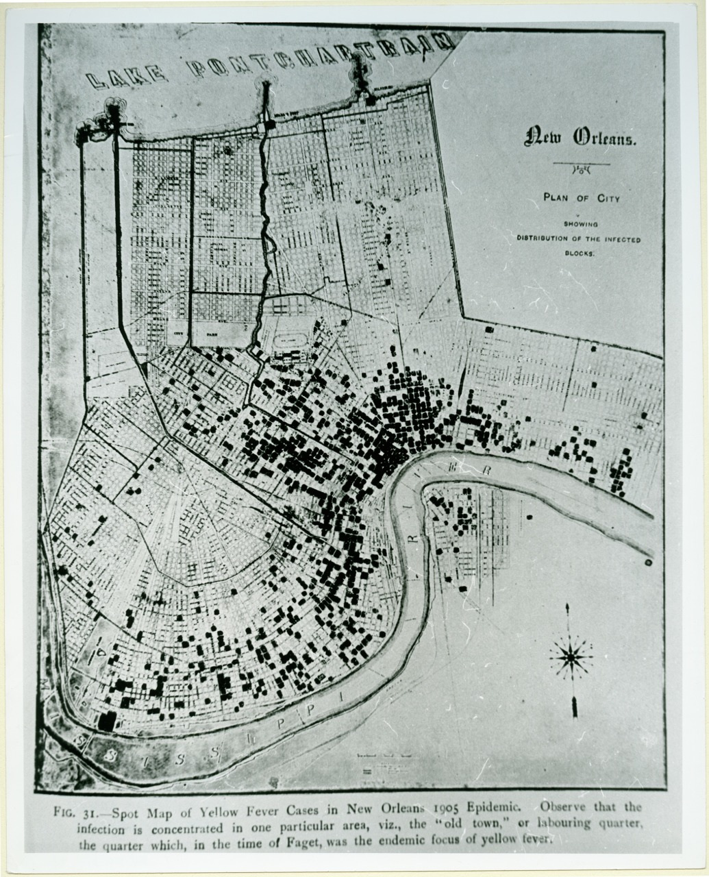 Black and white historical map titled New Orleans showing the distribution of yellow fever cases in 1905. Areas with high infection rates are marked in dark spots, and the layout of streets and landmarks like Lake Pontchartrain are visible.