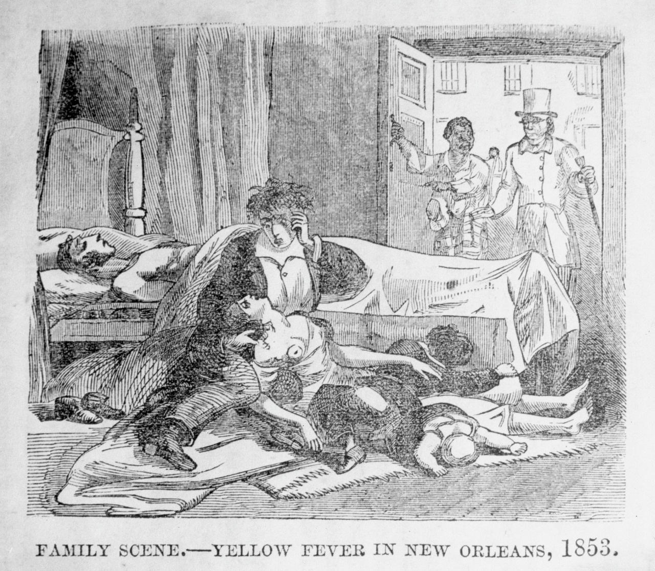 A black and white illustration depicts a family stricken by yellow fever in New Orleans, 1853. A woman and several children lie ill in bed, while a distressed man enters the room, accompanied by another figure.